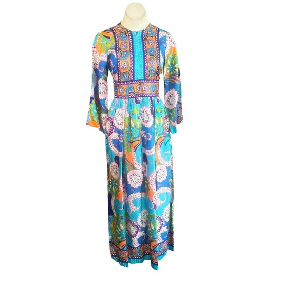 Keyloun Vintage 70s Colorful Festival Long Maxi Caftan Hostess Dress